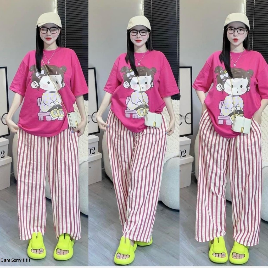Set Bộ Đồ Nữ Thu Đông Áo Thun Tay Lỡ Cô Gái Form Rộng Mix Quần Kẻ Suông Dài Ống Rộng Freesize