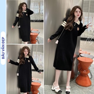 [V637] ĐẦM VÁY BẦU CỔ CÚC BẺ DÁNG SUÔNG DÀI CHẤT LEN CAO CẤP - VÁY THU ĐÔNG DÀI TAY CHO MẸ BẦU MẶC TRƯỚC VÀ SAU SINH