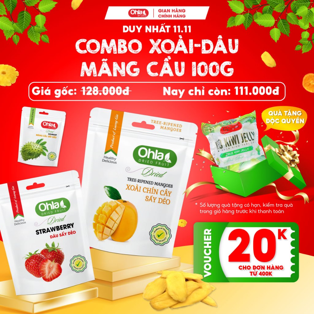 COMBO 3 Túi zip 100g Xoài + Dâu + Mãng cầu