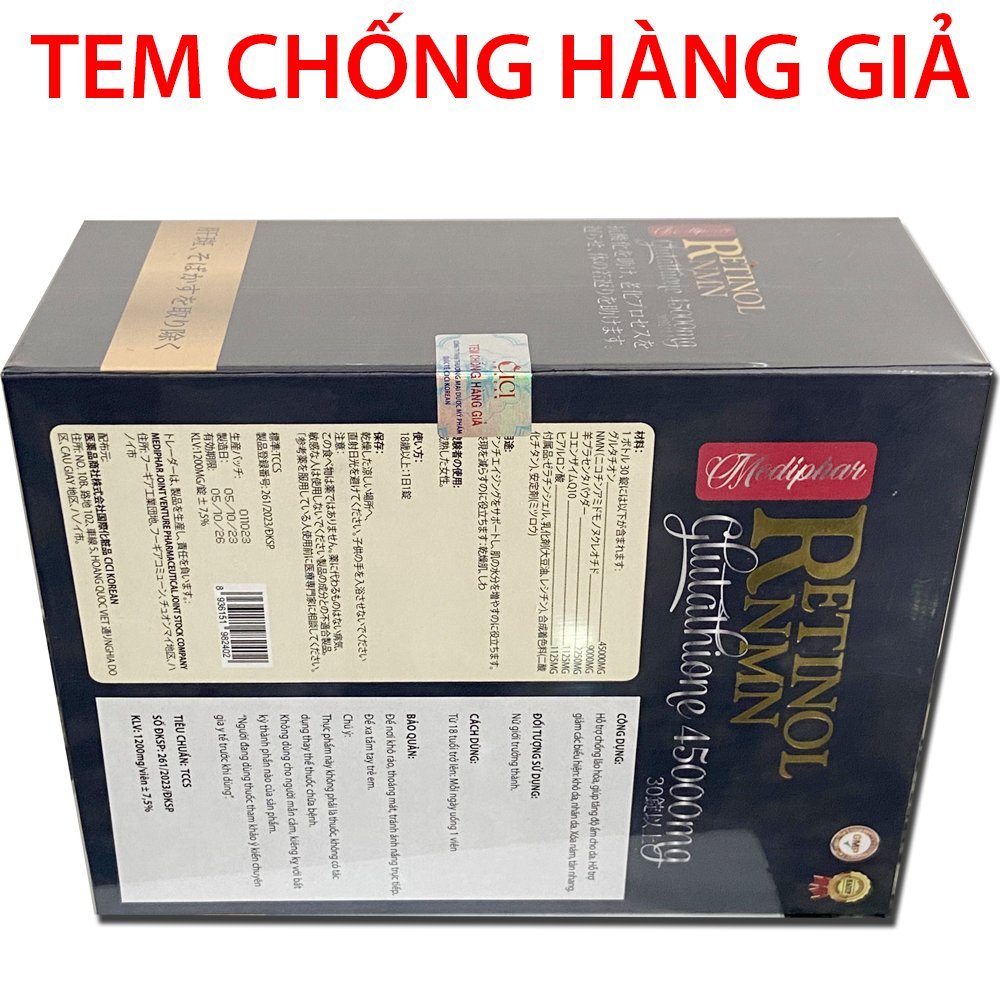 Viên uống đẹp da Retinol NMN Glutathione 45000mg giúp tăng độ ẩm cho da, giảm nám sạm da, tàn nhang - Chai 30 viên