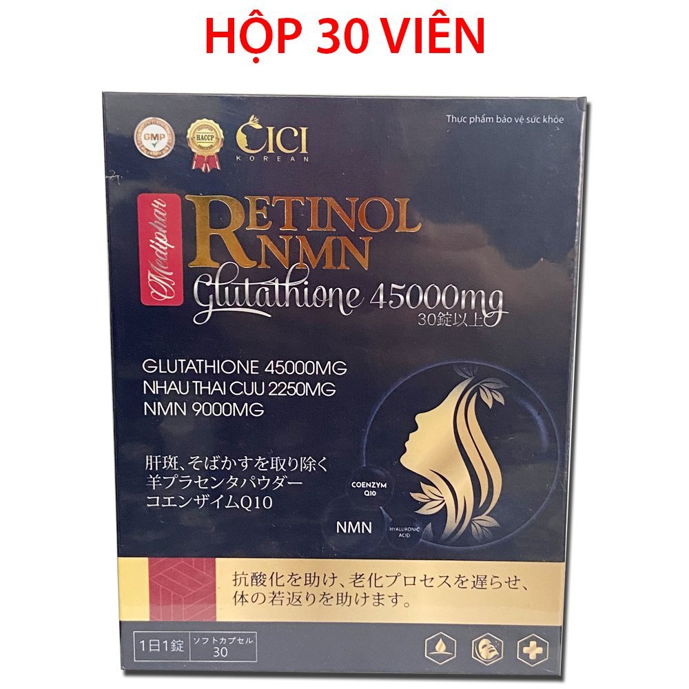 Viên uống đẹp da Retinol NMN Glutathione 45000mg giúp tăng độ ẩm cho da, giảm nám sạm da, tàn nhang - Chai 30 viên