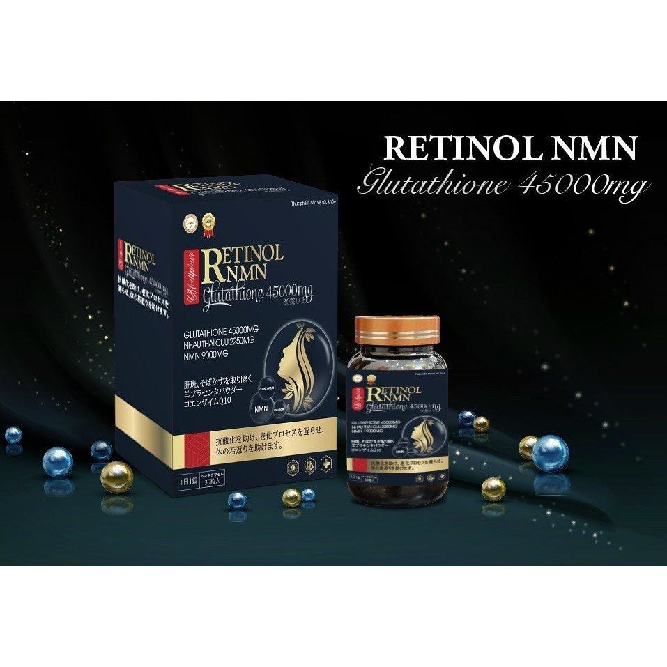 Viên uống đẹp da Retinol NMN Glutathione 45000mg giúp tăng độ ẩm cho da, giảm nám sạm da, tàn nhang - Chai 30 viên