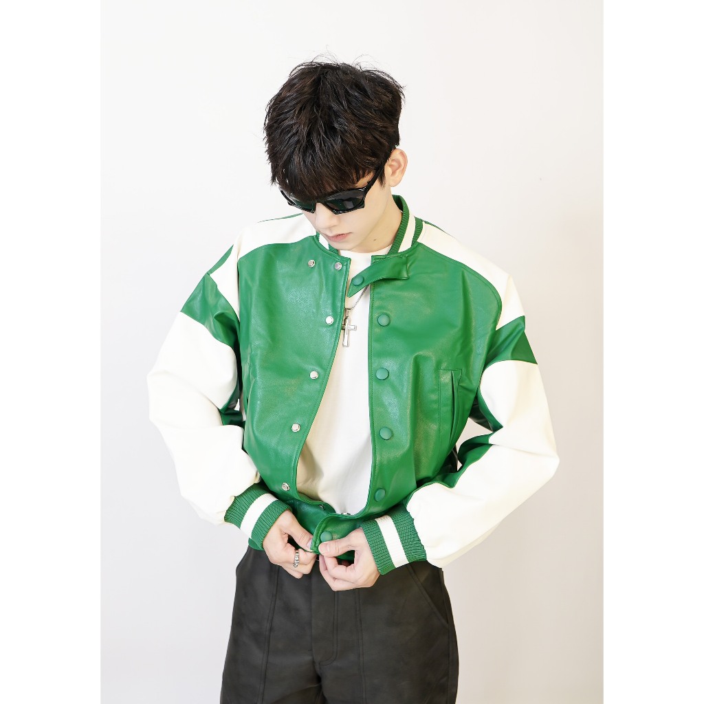 Áo khoác da dáng Crop GREEN Jacket STEVE, Áo khoác nam Màu xanh mix trắng chất liệu da PU cao cấp nhập khẩu