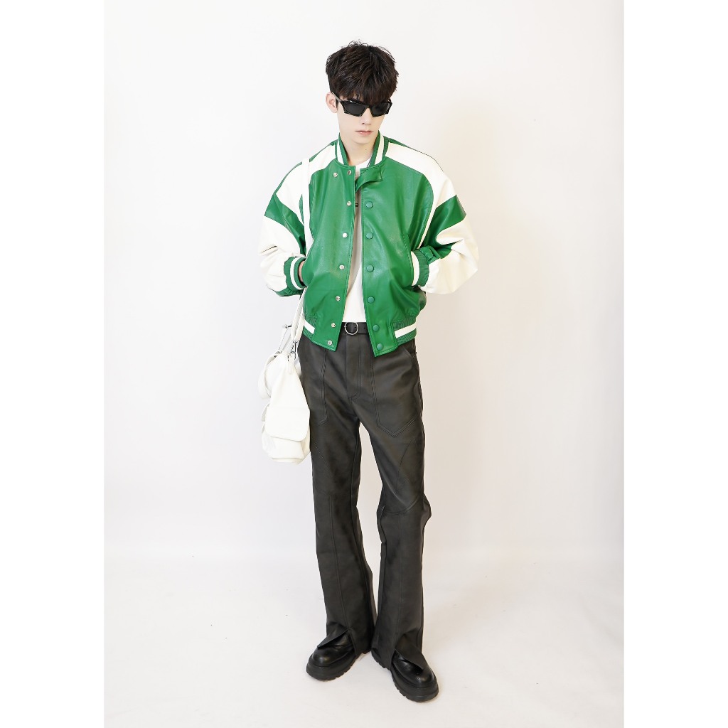 Áo khoác da dáng Crop GREEN Jacket STEVE, Áo khoác nam Màu xanh mix trắng chất liệu da PU cao cấp nhập khẩu