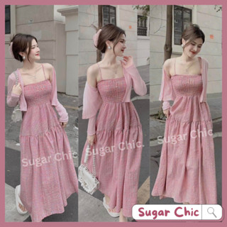 Set đầm 2 dây caro hồng khoác ngoài màu pastel dành cho nàng bánh bèo, tiểu thư, set đầm váy maxi 2 dây đi biển đẹp