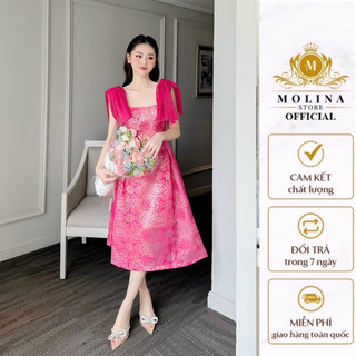 Đầm Ren Thiết Kế Dáng Xòe Nữ Molina cổ cúp có nơ vai, Chất Liệu ren Hai Lớp Mềm Mịn