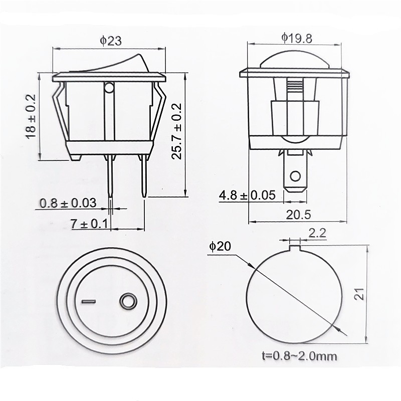 Công tắc bập bênh tròn 6A/250V 2 chân KCD1 đường kính khoét lỗ 20mm