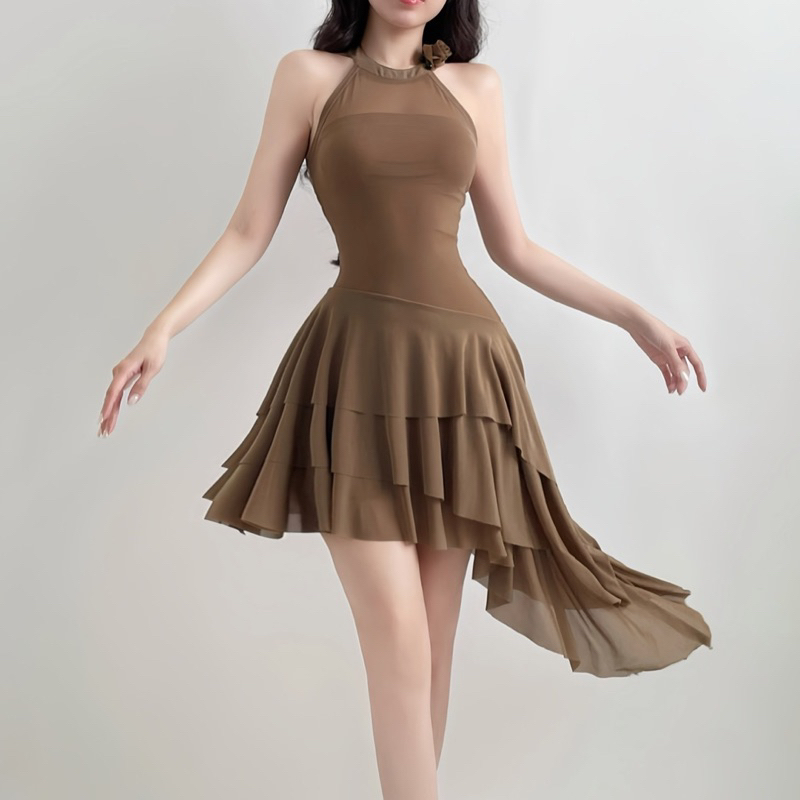 Đầm Lưới Sheer Cổ Yếm Xếp Tầng Vạt Xéo Sexy Tôn Body