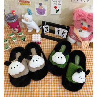 (Chọn lùi 1 size) Dép nữ dép quai ngang dép 1 quai lông thỏ phối cún bông pochacco dễ thương đi ra ngoài 1 QUAI POCHACCO