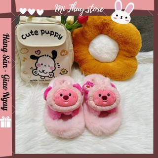 (Chọn chuẩn size) Dép nữ dép lông dép bông chéo quai sticker hải ly loopy hải ly dễ thương đế 3-4 cm DÉP BÔNG HỒNG HẢI L