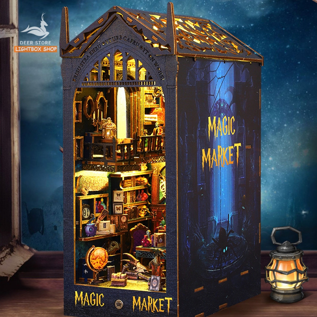 Mô hình Book nook Trang trí giá sách Magic Market. Phong cách Phép Thuật JTSL09. Mô hình nhà búp bê có đèn Tặng KEO DÁN