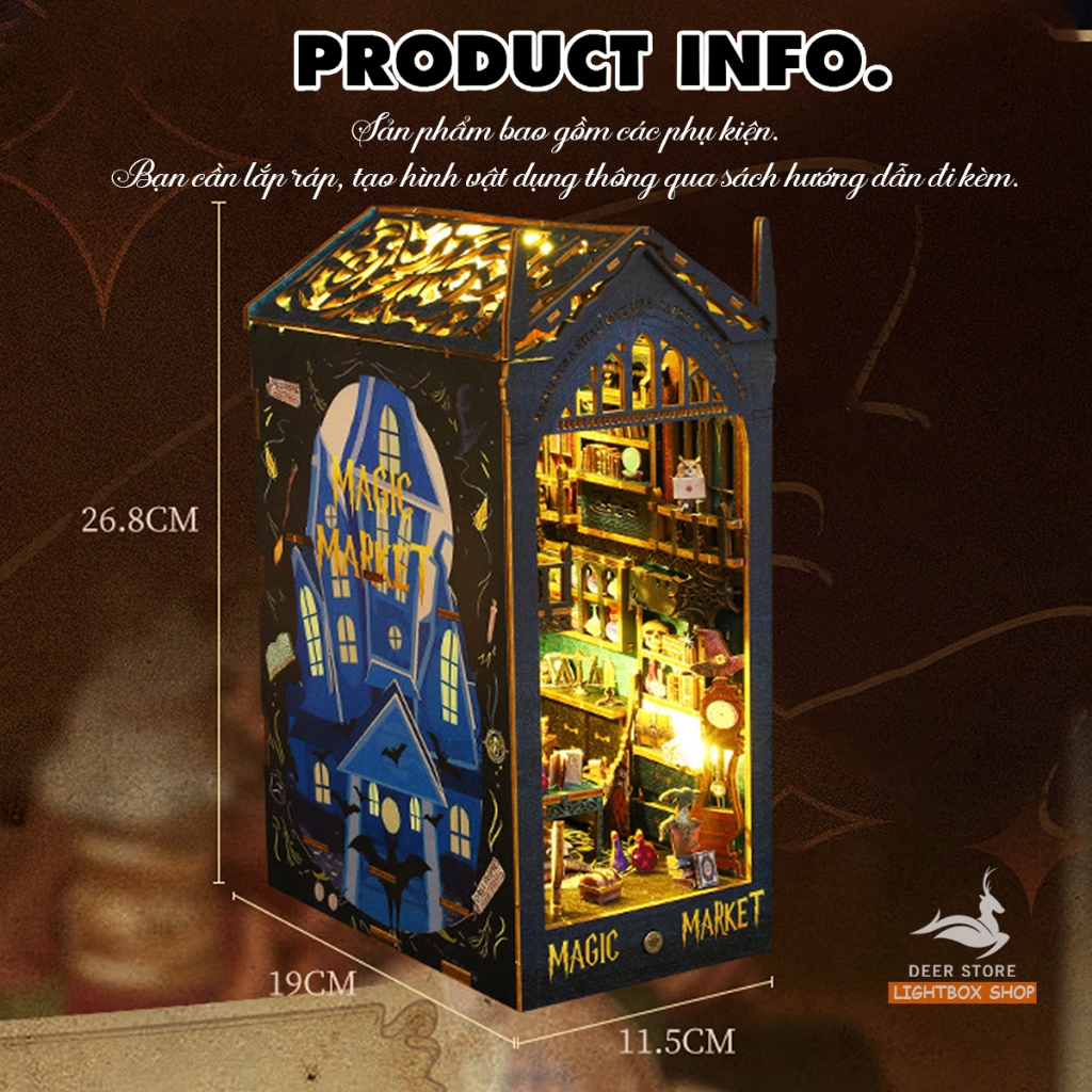 Mô hình Book nook Trang trí giá sách Magic Market. Phong cách Phép Thuật JTSL09. Mô hình nhà búp bê có đèn Tặng KEO DÁN