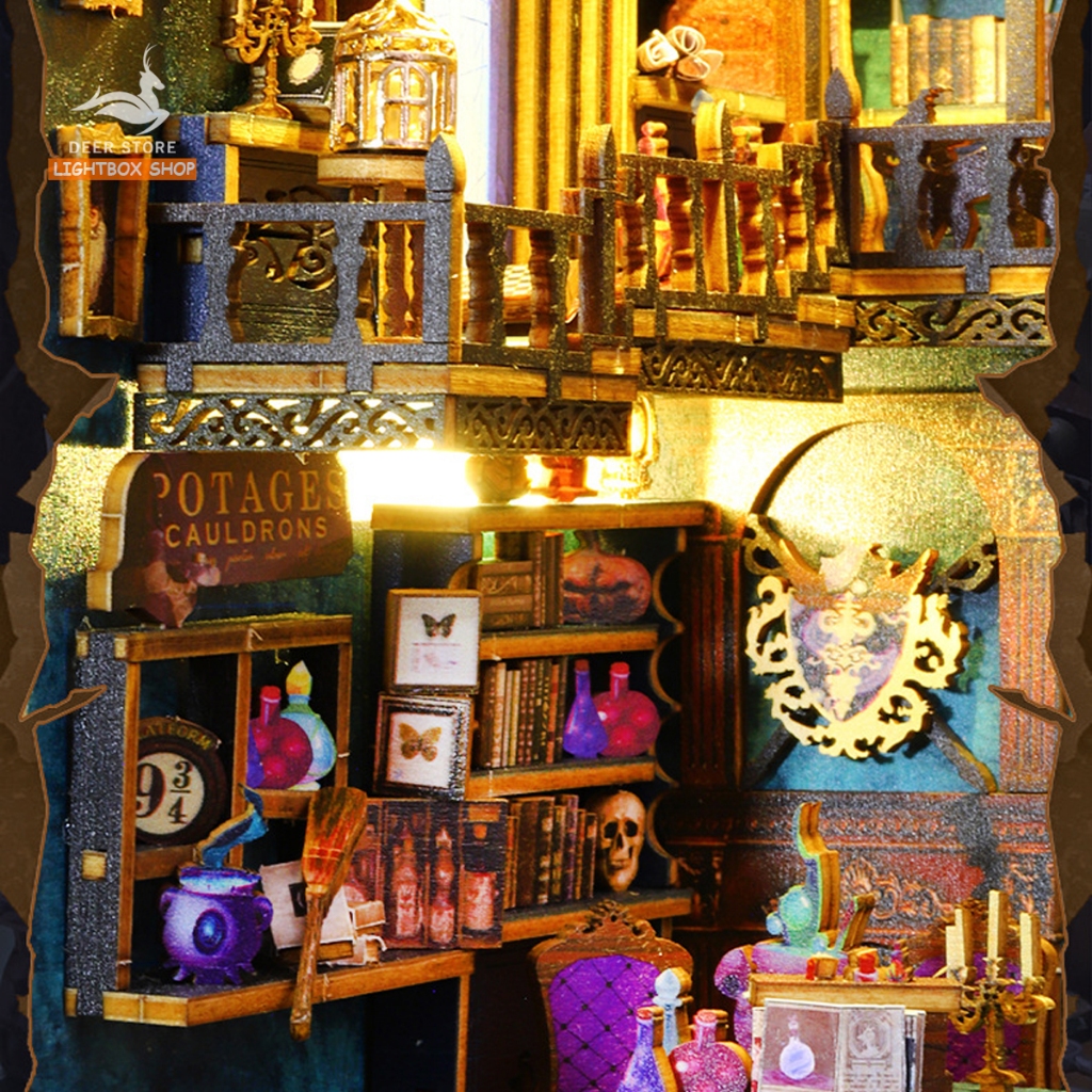 Mô hình Book nook Trang trí giá sách Magic Market. Phong cách Phép Thuật JTSL09. Mô hình nhà búp bê có đèn Tặng KEO DÁN