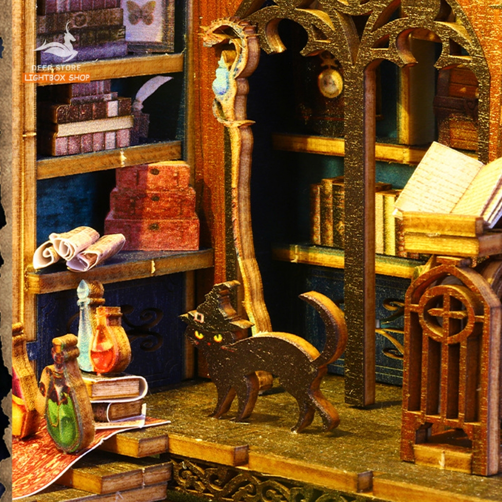 Mô hình Book nook Trang trí giá sách Magic Market. Phong cách Phép Thuật JTSL09. Mô hình nhà búp bê có đèn Tặng KEO DÁN