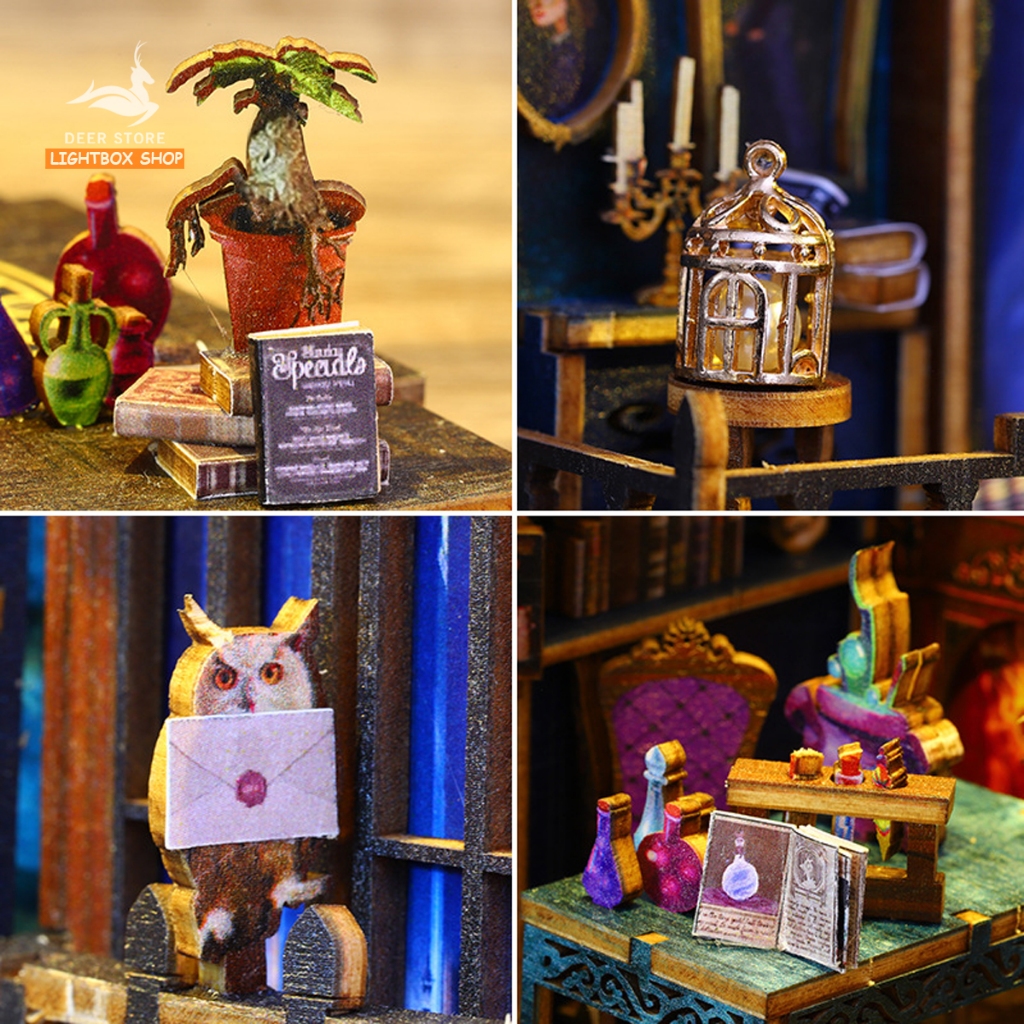 Mô hình Book nook Trang trí giá sách Magic Market. Phong cách Phép Thuật JTSL09. Mô hình nhà búp bê có đèn Tặng KEO DÁN