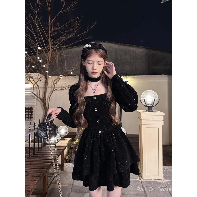 Váy nhung kim tuyến tay dài