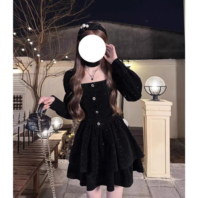 Váy nhung kim tuyến tay dài