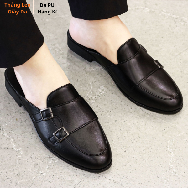 Giày sục nam màu đen da PU hàng kĩ đai ngang phối 2 khuy hợp kim sục da nam full size 38-43