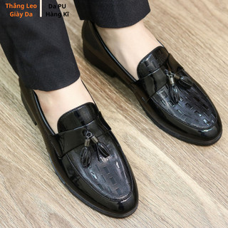 Giày lười nam màu đen da PU Hàng Kĩ đai chuông dập vân caro nổi giầy lười nam da bóng full size 38-43