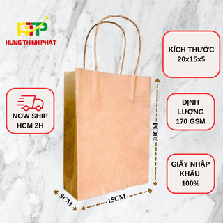 Set 50 túi giấy Kraft Nhật Nâu trơn có quai, định lượng giấy 170gsm, Size 20x15x5 đựng mỹ phẩm