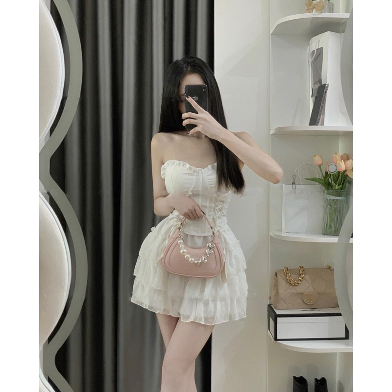 Set áo cúp ngực dây đan váy tầng bèo