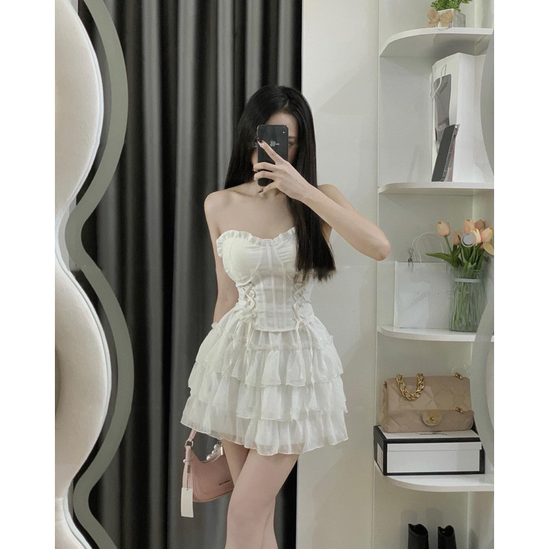 Set áo cúp ngực dây đan váy tầng bèo
