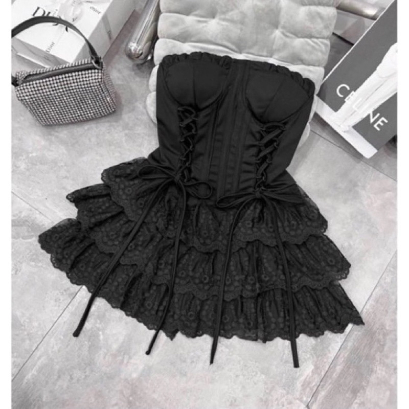 Set áo cúp ngực dây đan váy tầng bèo