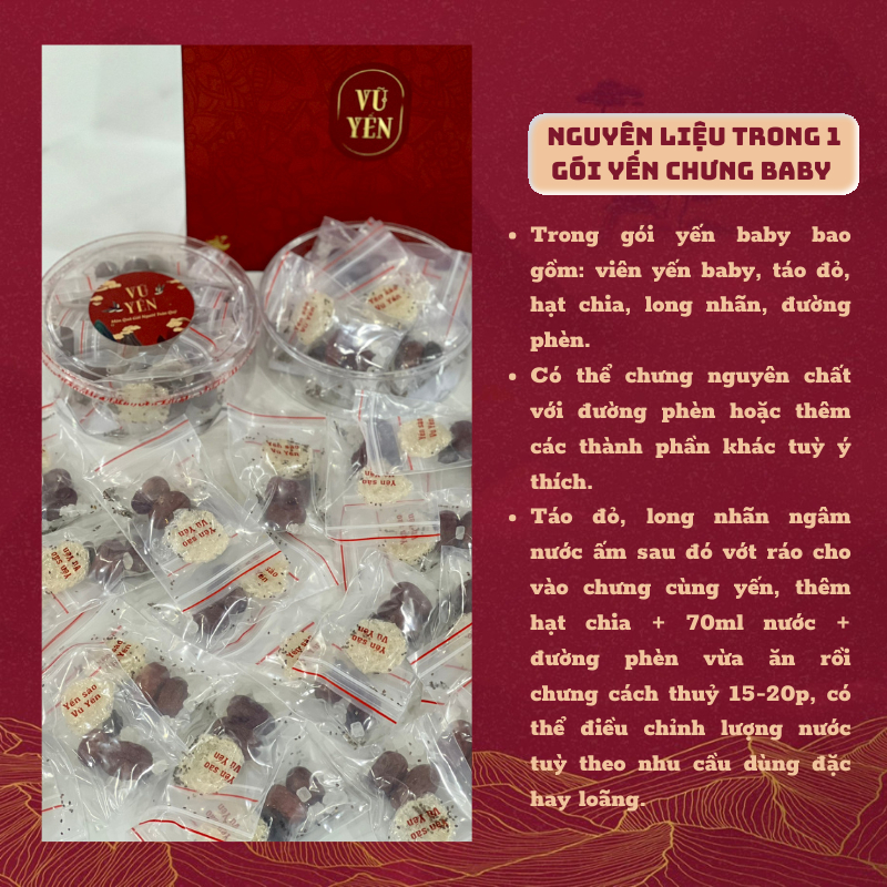 Set viên yến sào baby nguyên chất - yến viên vụn baby sạch lông dùng được cho bé, tặng kèm táo đỏ và đường phèn chưng tạ