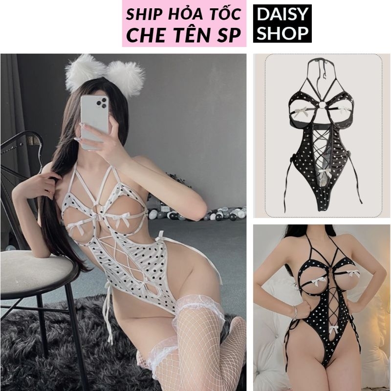 Bodysuit có gọng gợi cảm cutout táo bạo sexy - váy đầm ngủ họa tiết chấm bi buộc dây