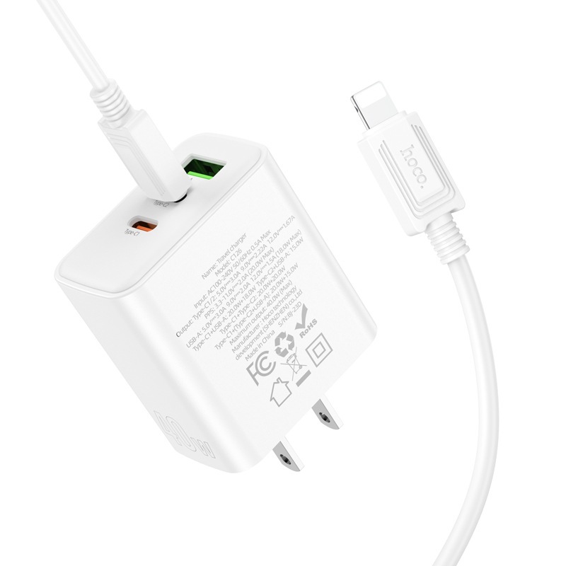 Củ sạc nhanh 40w Hoco C126 kèm dây sạc type-c to ligh-ning có 2 cổng USB + 1 Type C