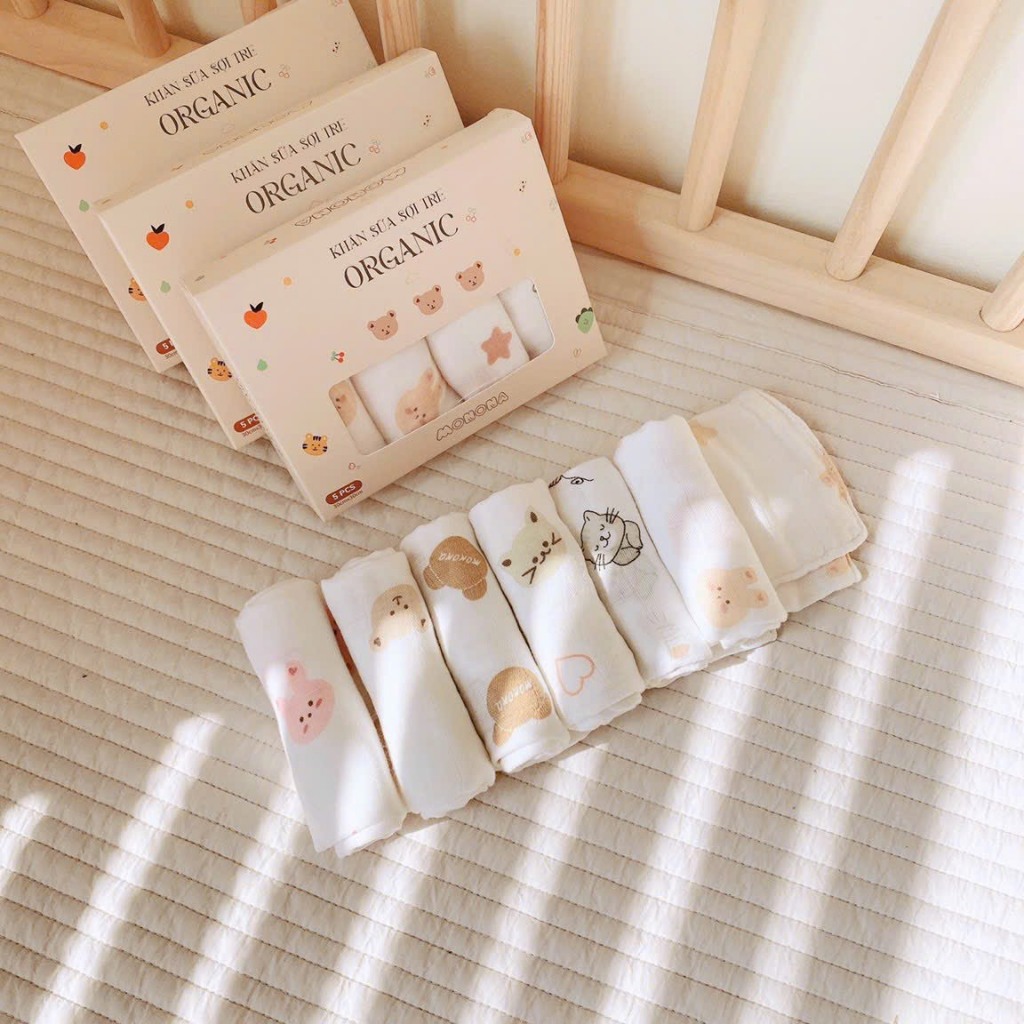 SET 5 KHĂN SỮA MONONA ORGANIC 4 LỚP MỀM MẠI CHO BÉ