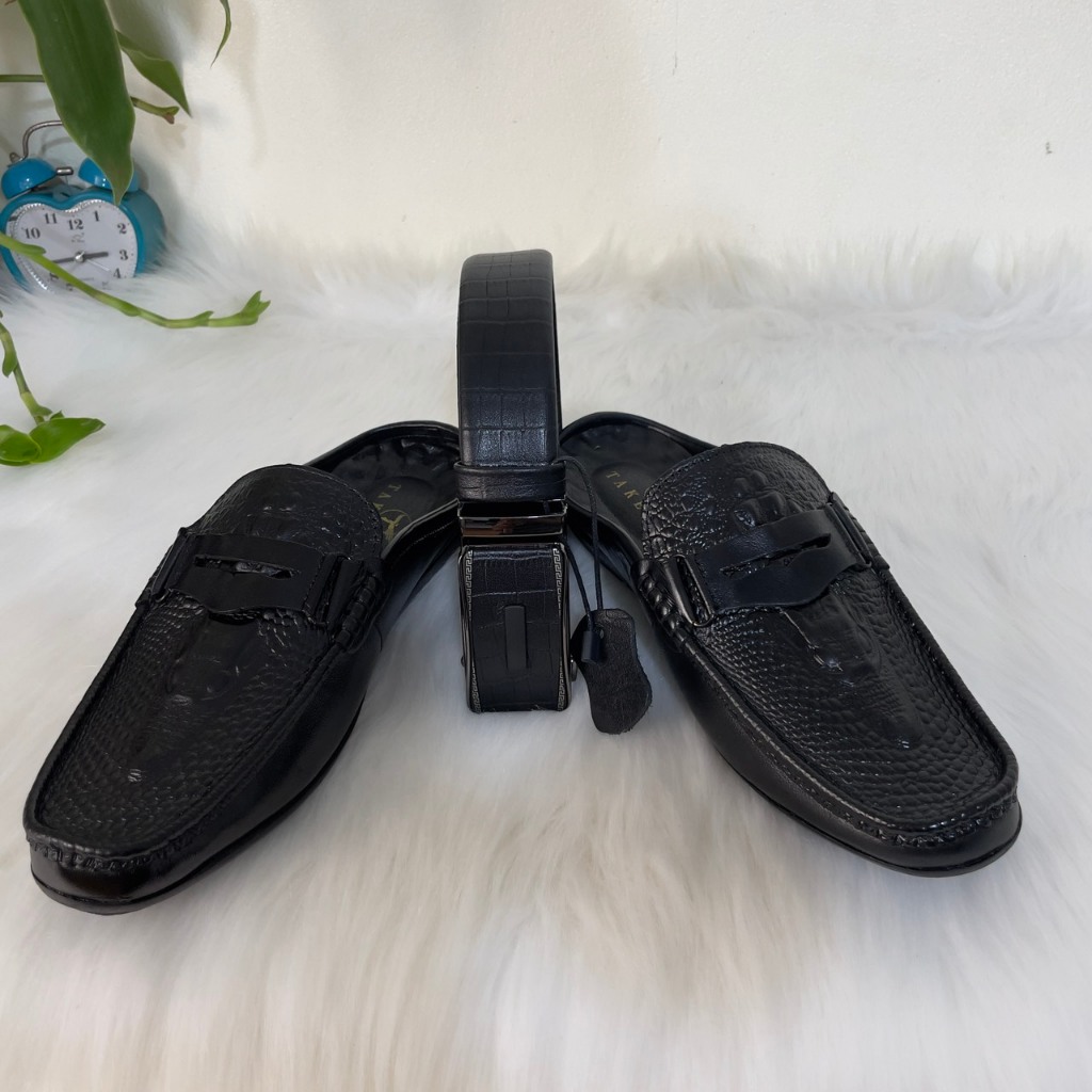 Giày sục nam màu đen da Cân Hàng Kĩ đai băng thủng vân đầu cá sấu sục da nam gót lỡ size 38-43