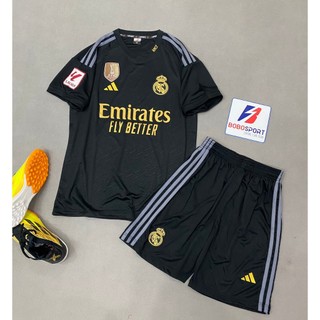 Bộ quần áo bóng đá Real đen (chữ đồng, mẫu th3) sân khách 2024JP-FLG VĐ