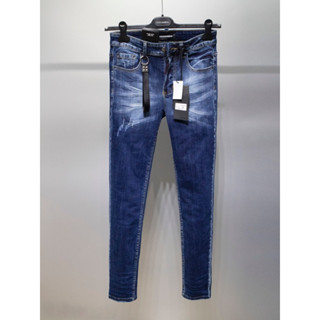  Quần jean bò nam Dsq2 wash xanh bạc loang nhăn 3D đùi dáng côn trơn móc khoá dây 4 cúc cao cấp QJ390P 