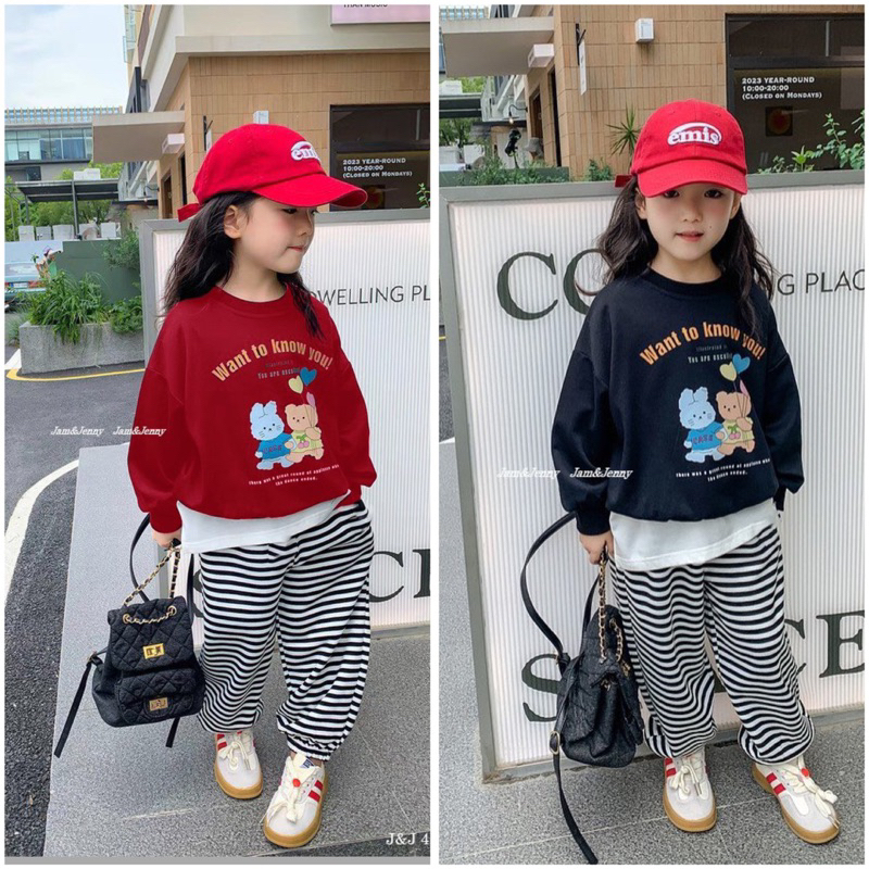 Set thu đông Jam&Jenny trắng đỏ phối quần sọc da cá bé gái