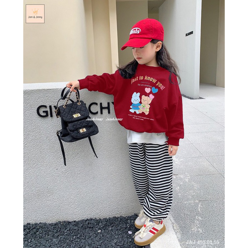 Set thu đông Jam&Jenny trắng đỏ phối quần sọc da cá bé gái