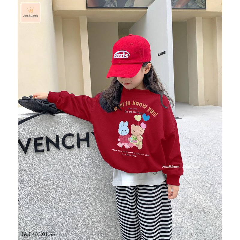 Set thu đông Jam&Jenny trắng đỏ phối quần sọc da cá bé gái