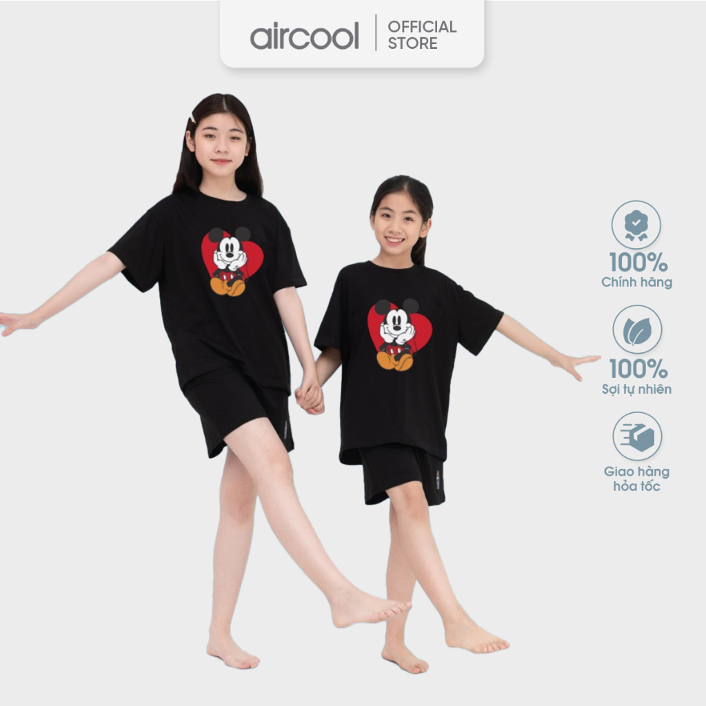 Bộ Quần Áo Cộc Tay Bé Gái 2-16 Tuổi In Hình Chuột Mickey Aircool Chất Liệu Cotton