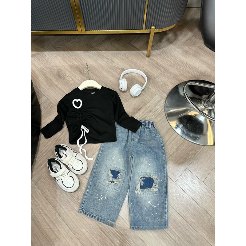 Bộ thu đông bé gái, set áo zip  rút dây 1 bên phối quần Jean xuông rách vẩy sơn sành điệu cho bé 12-30kg