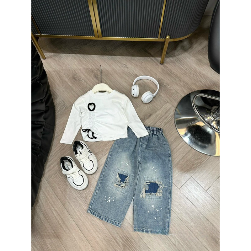 Bộ thu đông bé gái, set áo zip  rút dây 1 bên phối quần Jean xuông rách vẩy sơn sành điệu cho bé 12-30kg