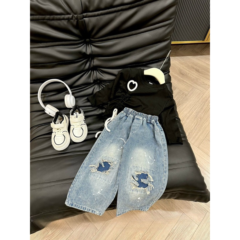 Bộ thu đông bé gái, set áo zip  rút dây 1 bên phối quần Jean xuông rách vẩy sơn sành điệu cho bé 12-30kg