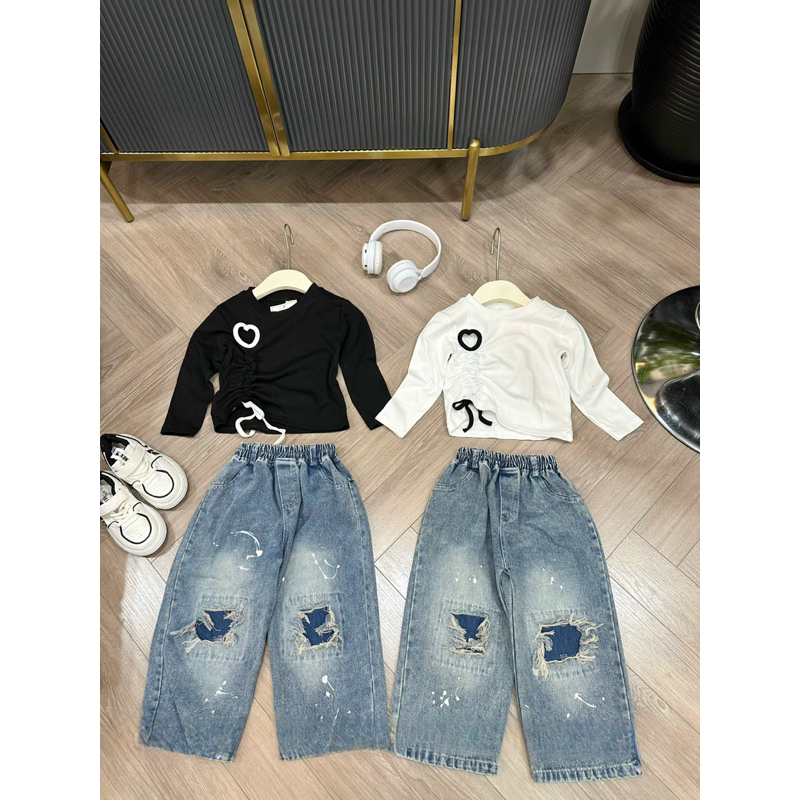 Bộ thu đông bé gái, set áo zip  rút dây 1 bên phối quần Jean xuông rách vẩy sơn sành điệu cho bé 12-30kg