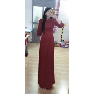 Áo dài truyền thống tay bồng cổ xếp tay bo đính hạt vải lụa tây thi màu đỏ đô, áo dài công sở, giáo viên - tt1802