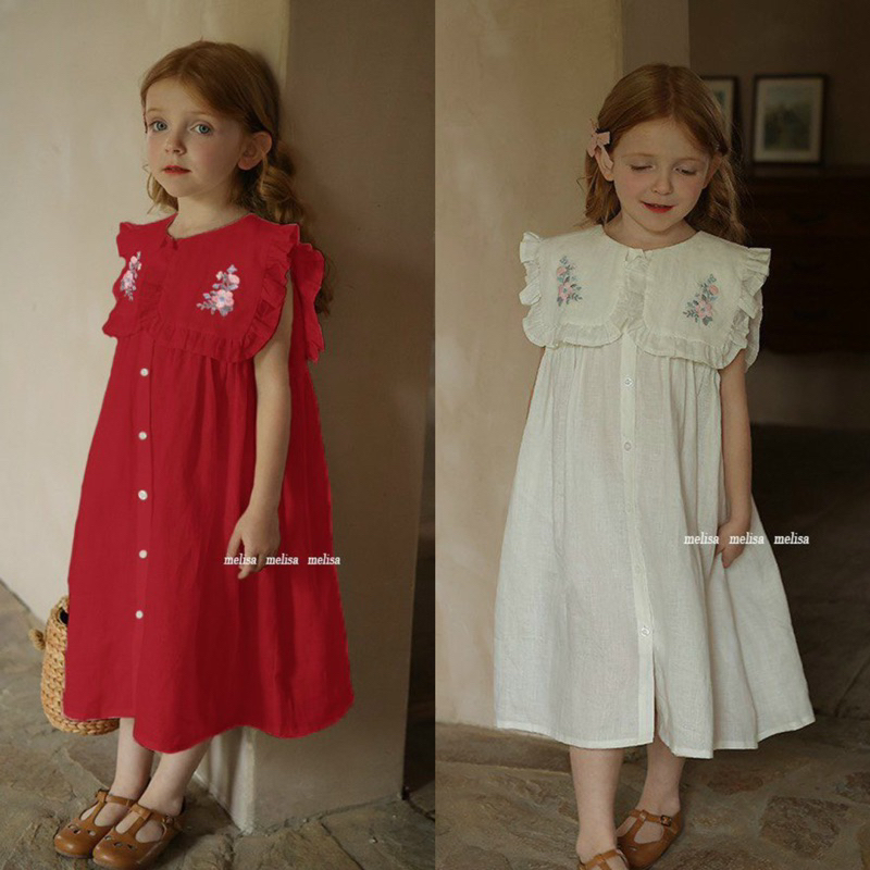 Đầm Melisa chất linen cổ thêu hoa bé gái