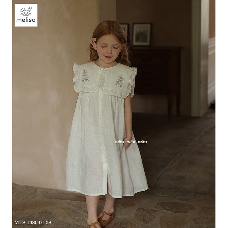 Đầm Melisa chất linen cổ thêu hoa bé gái