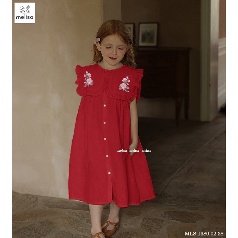 Đầm Melisa chất linen cổ thêu hoa bé gái