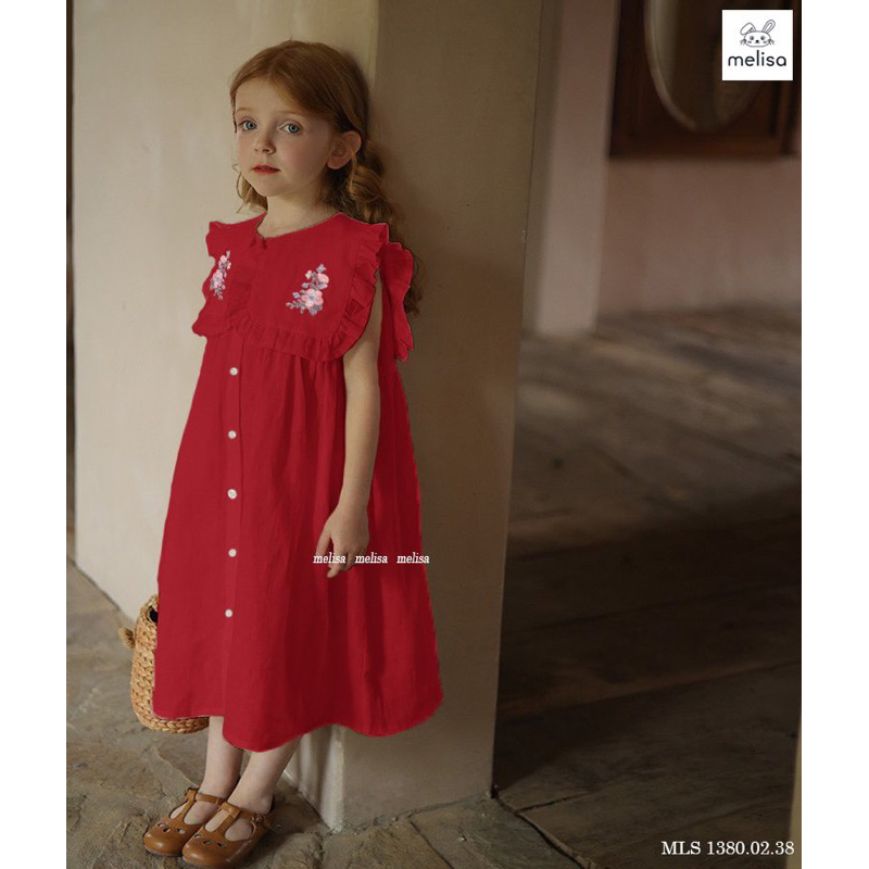 Đầm Melisa chất linen cổ thêu hoa bé gái