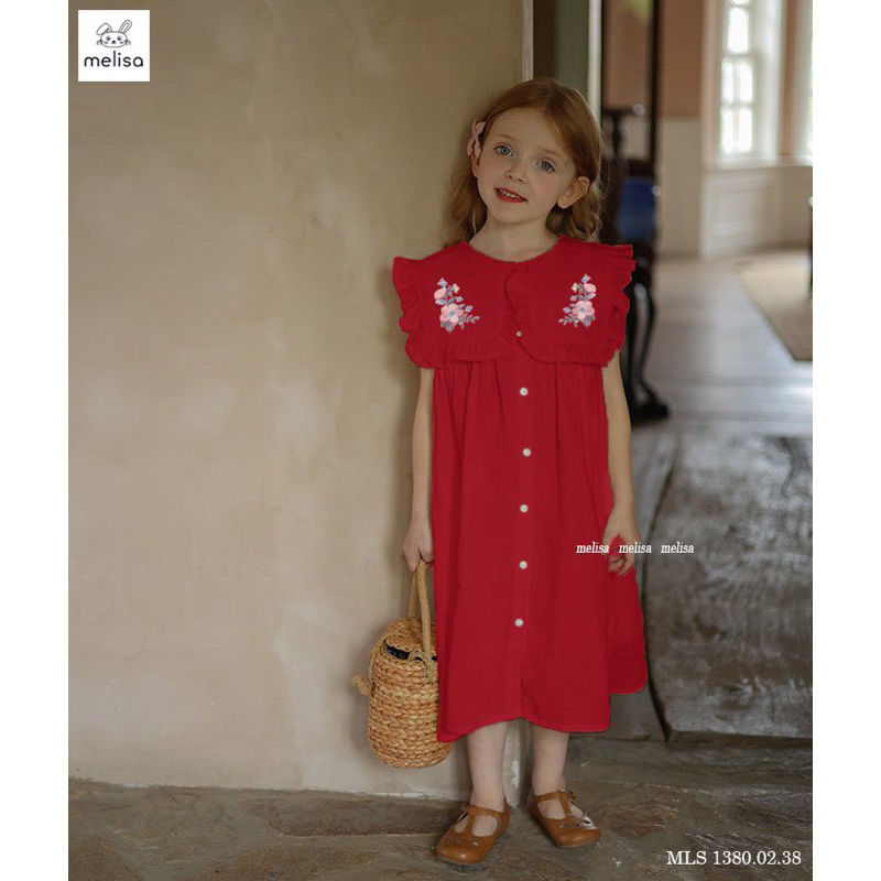 Đầm Melisa chất linen cổ thêu hoa bé gái