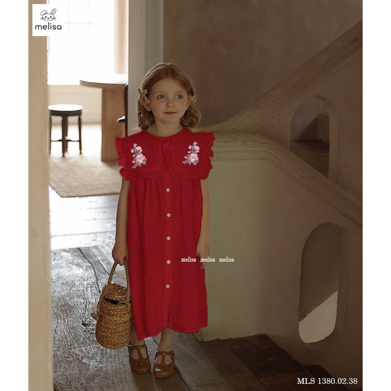 Đầm Melisa chất linen cổ thêu hoa bé gái