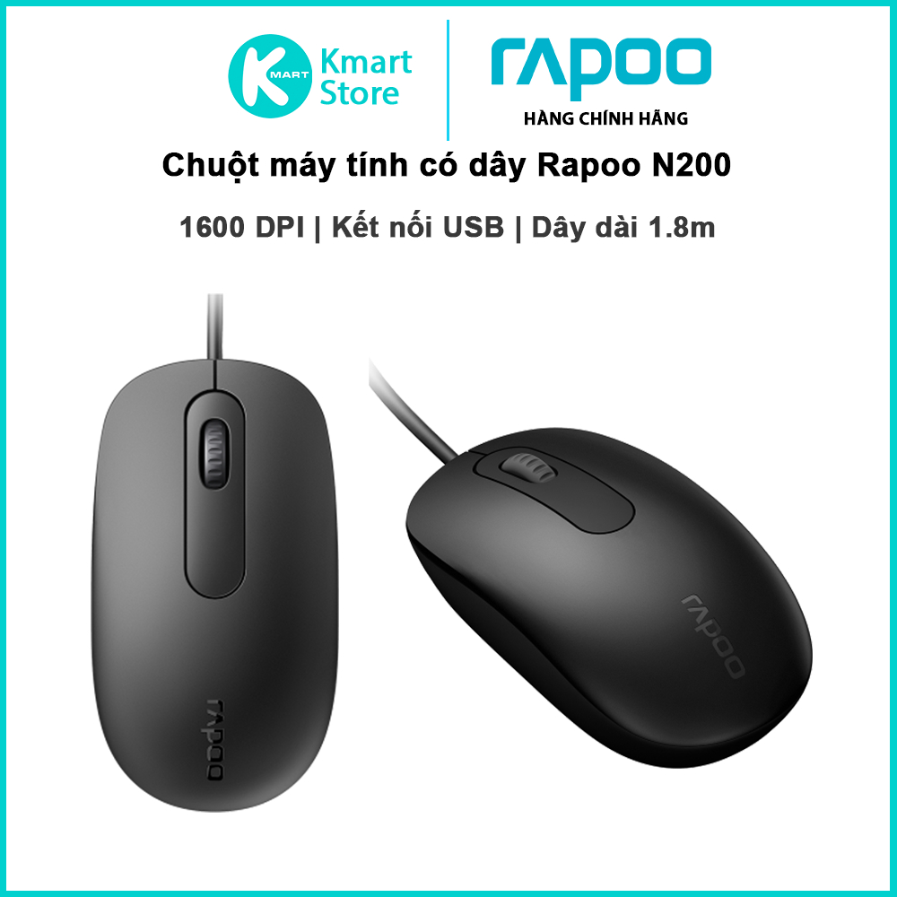 Chuột máy tính có dây Rapoo N200 | Kết nối USB - Bảo hành 24 tháng - Hàng Chính Hãng